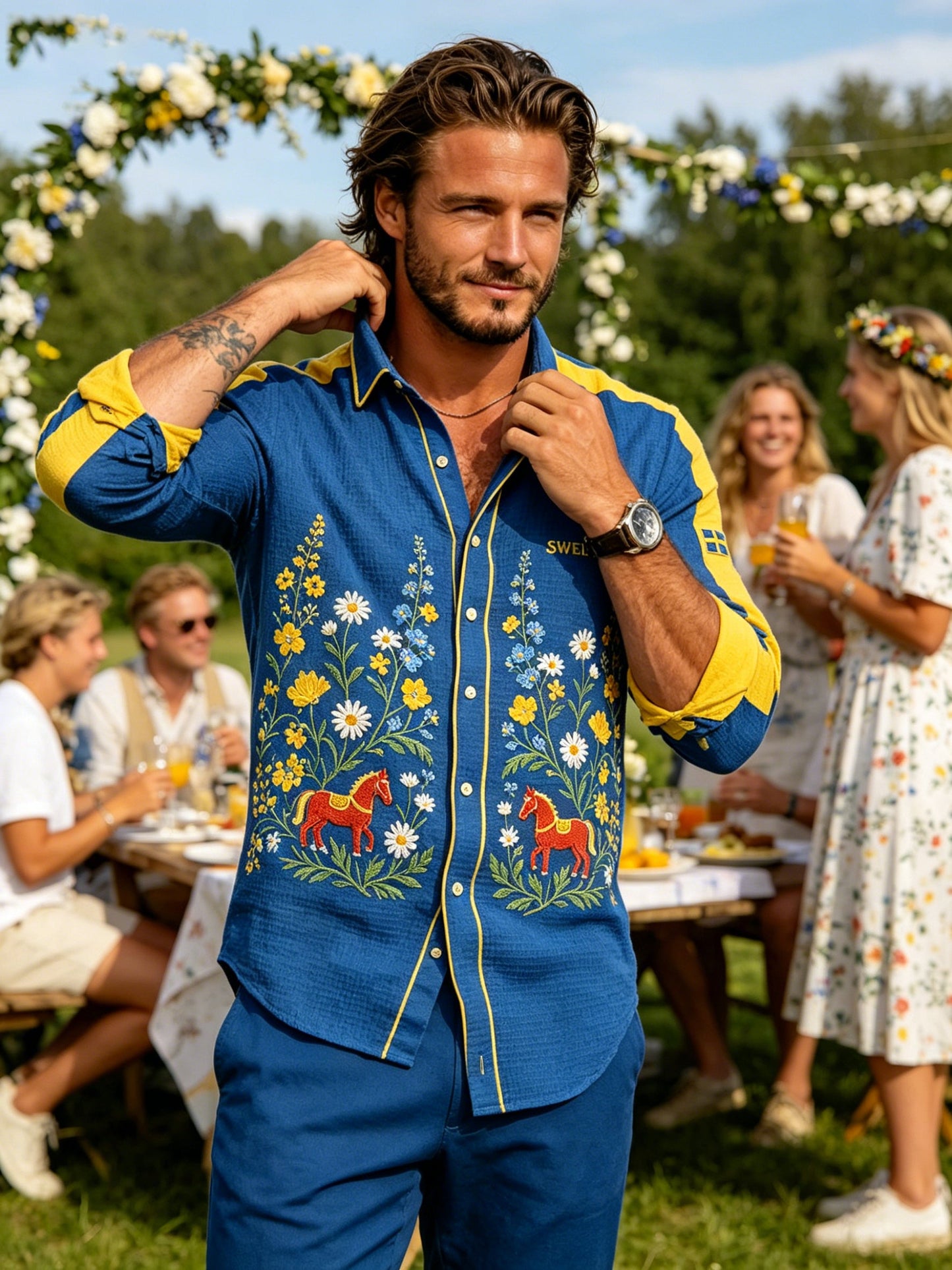 Men's Midsummer Floral Print Waffle-Textured Long-Sleeve Shirt