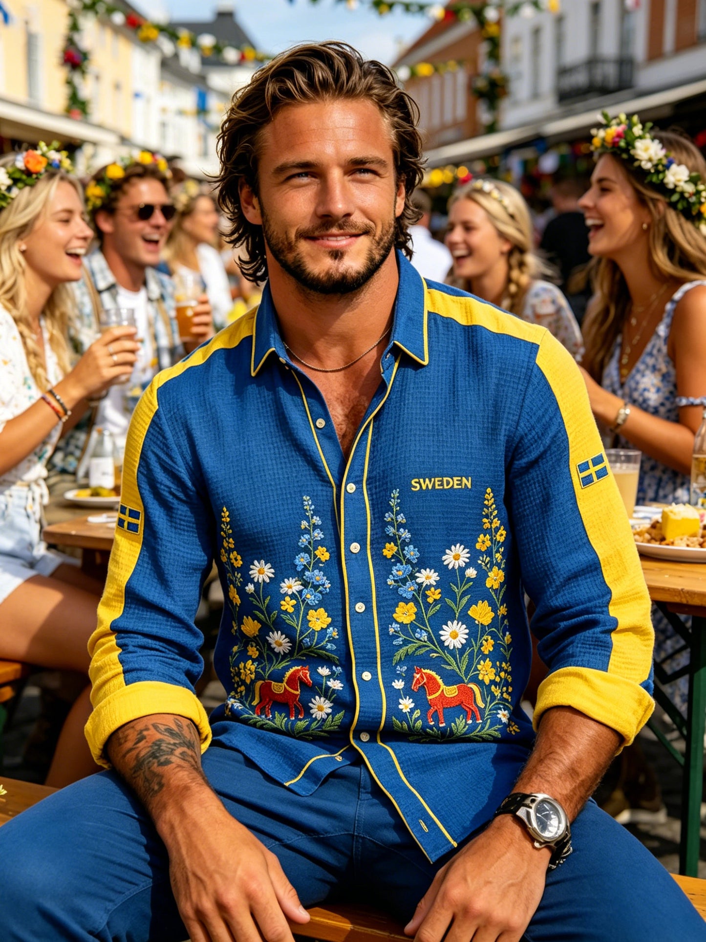 Men's Midsummer Floral Print Waffle-Textured Long-Sleeve Shirt