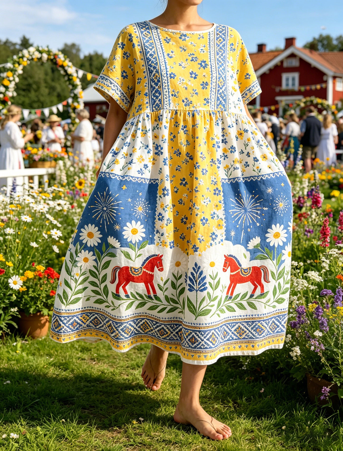 Women's Swedish Midsummer Festival Commemorative Art Print Long Dress