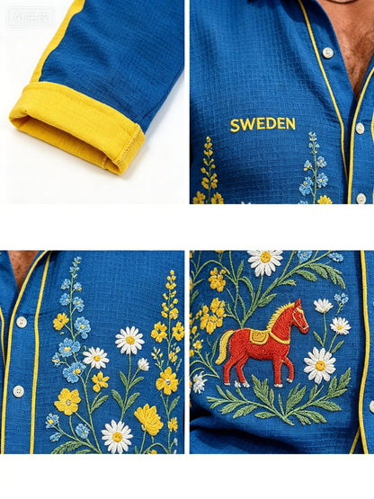 Men's Midsummer Floral Print Waffle-Textured Long-Sleeve Shirt