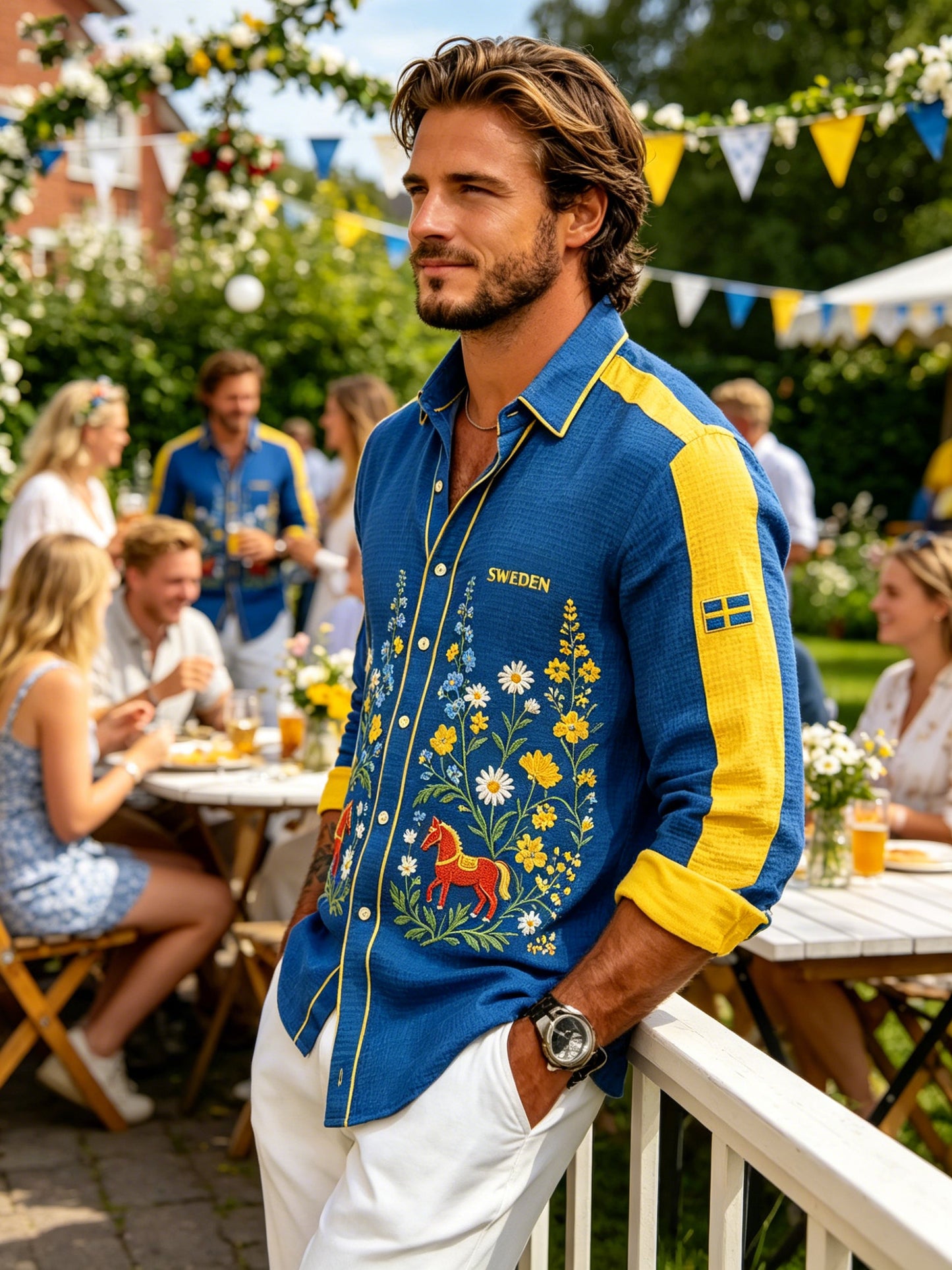 Men's Midsummer Floral Print Waffle-Textured Long-Sleeve Shirt