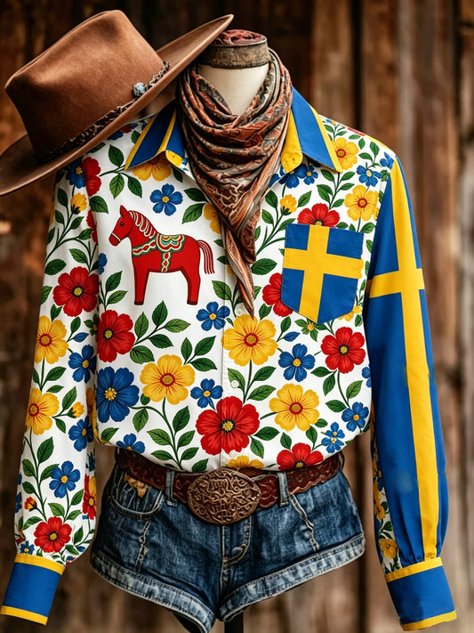 Women's Swedish Midsummer Festival Commemorative Art Print Long-Sleeved Shirt