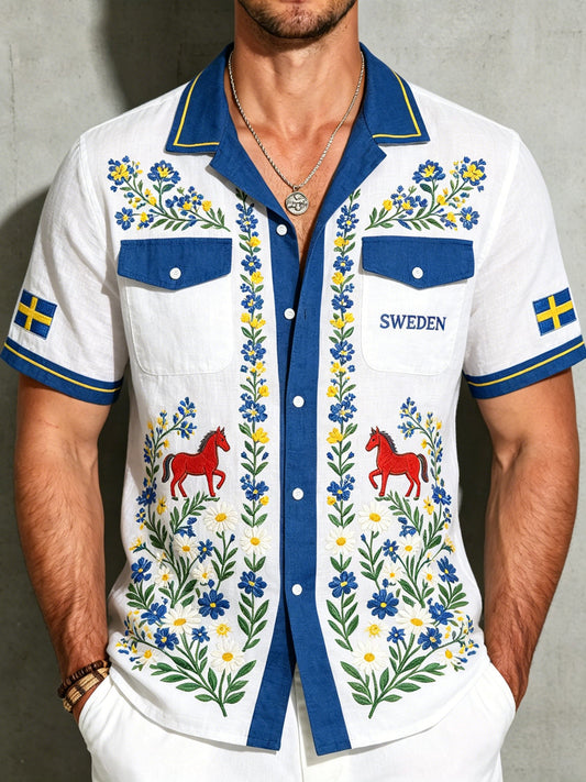 Men's Midsummer Floral Print Cotton-Linen Shirt