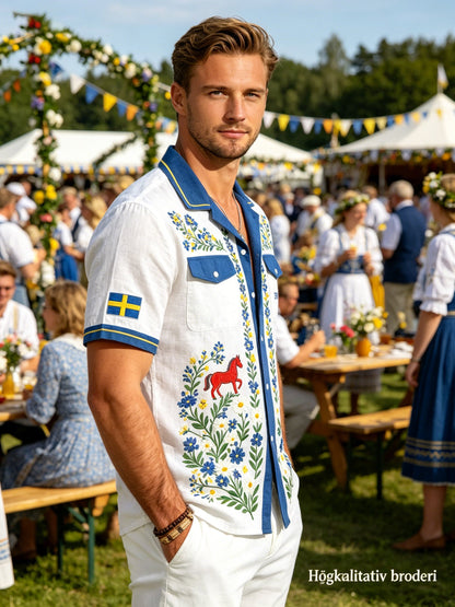 Men's Midsummer Floral Print Cotton-Linen Shirt