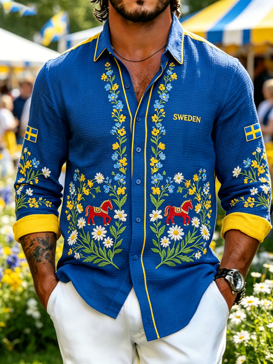 Men's Midsummer Floral Print Waffle-Textured Long-Sleeve Shirt