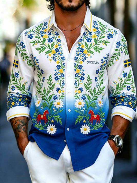 Men's Midsummer Floral Print Waffle-Textured Long-Sleeve Shirt