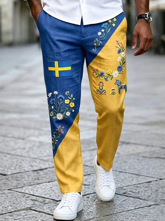 Men's Retro Swedish Midsummer Wreath Patchwork Cotton-Linen Casual Pants