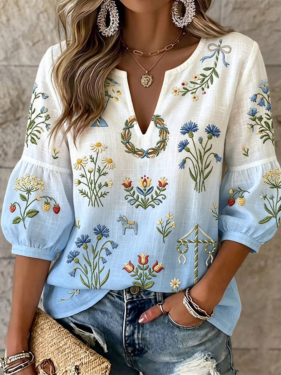 Women's Retro Midsummer Floral Gradient Art V-Neck Top