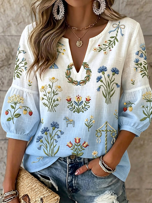 Women's Retro Midsummer Floral Gradient Art V-Neck Top