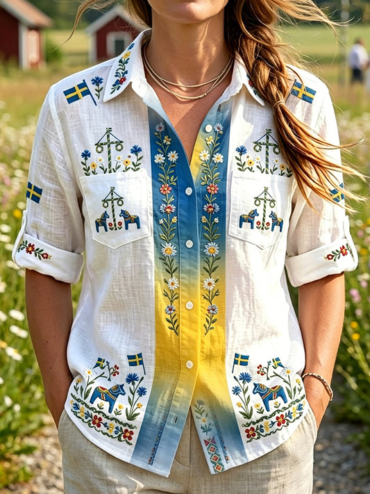 Women's Vintage Swedish Midsummer Floral Art Casual Blouse