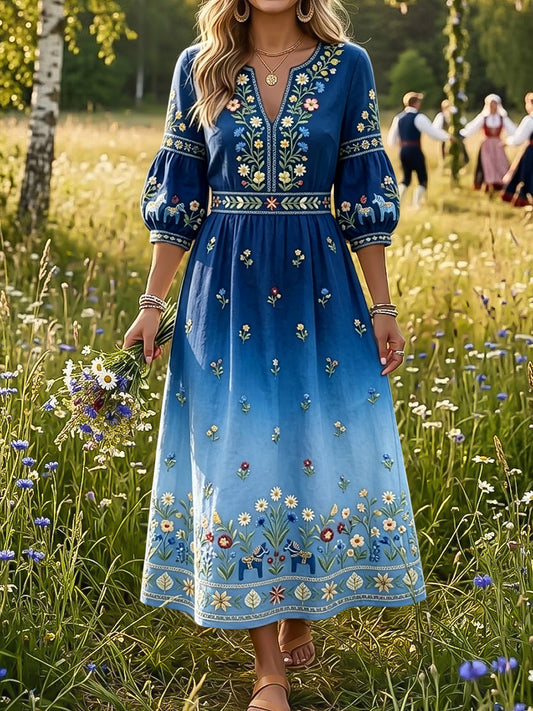 Women's Retro Swedish Midsummer Floral Gradient Art V-Neck Dress