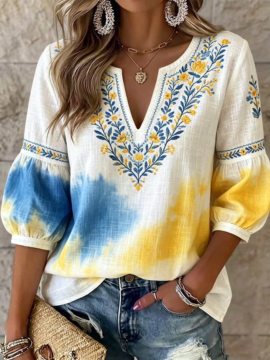 Women's Retro Midsummer Floral Tie-Dye Art V-Neck Top