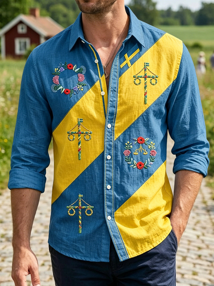 Men's Vintage Swedish Midsummer Flower Wreath Patchwork Casual Shirt