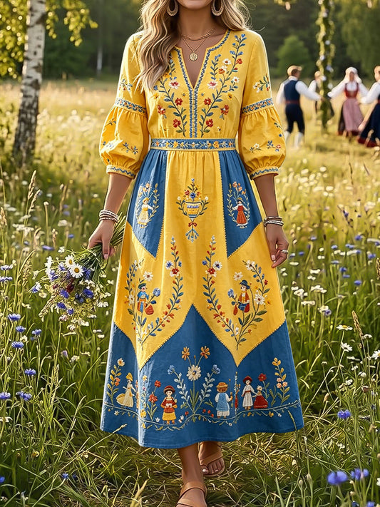 Women's Retro Midsummer Floral Patchwork Art V-Neck Dress