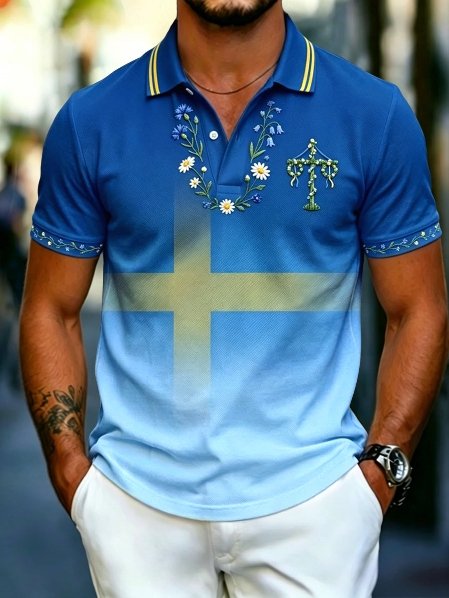 Men's Retro Swedish Midsummer Stripe Gradient Casual Polo Shirt