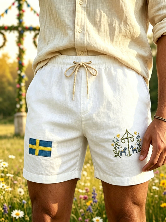 Men's Retro Swedish Midsummer Folk Floral Cotton-Linen Short Pants