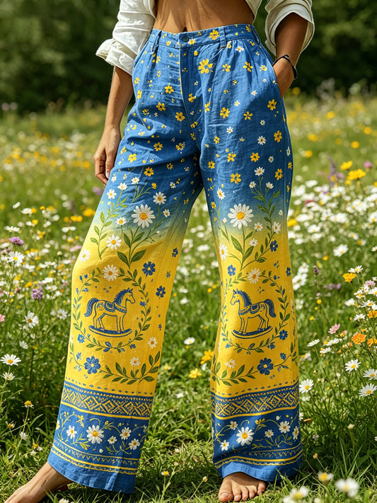 Women's Midsummer Festival Floral Gradient Color Cotton Linen Casual Trousers