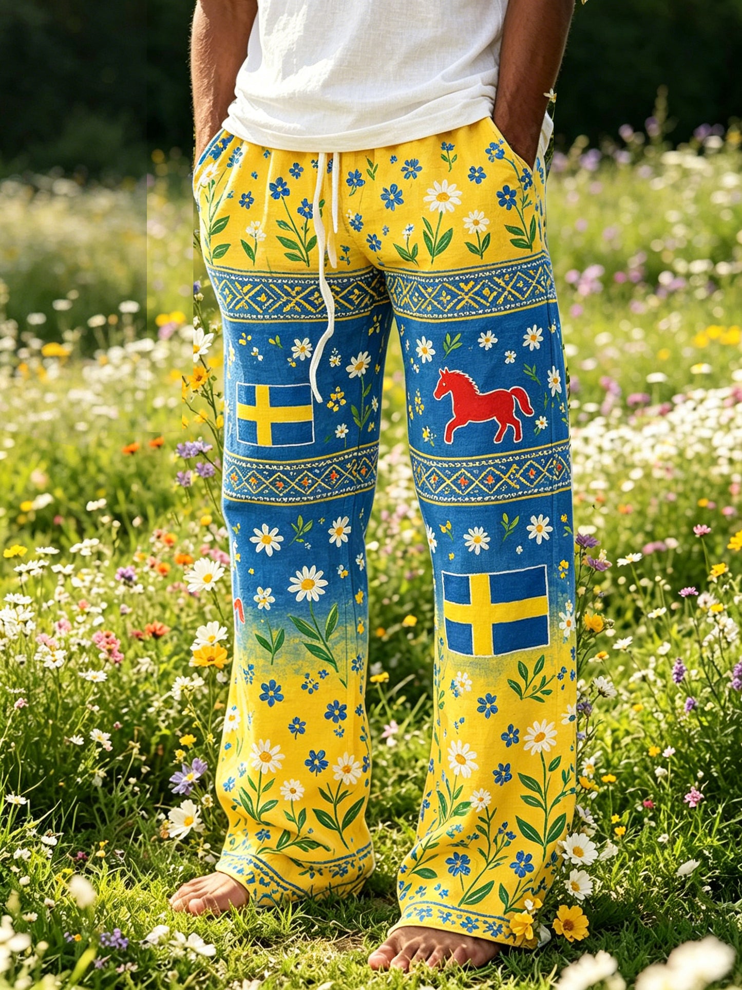 Men's Midsummer Festival Floral Gradient Color Cotton Linen Casual Trousers