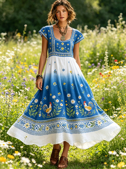 Women's Midsummer Festival Floral Gradient Color Cotton Linen Casual Dress