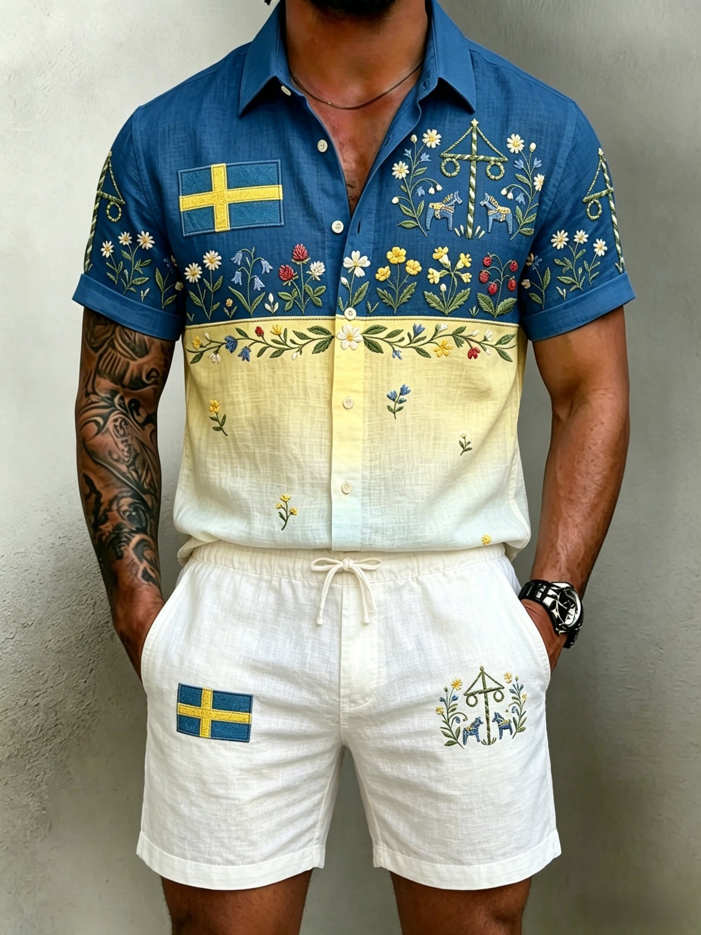 Men's Retro Swedish Midsummer Folk Floral Cotton-Linen Short Pants