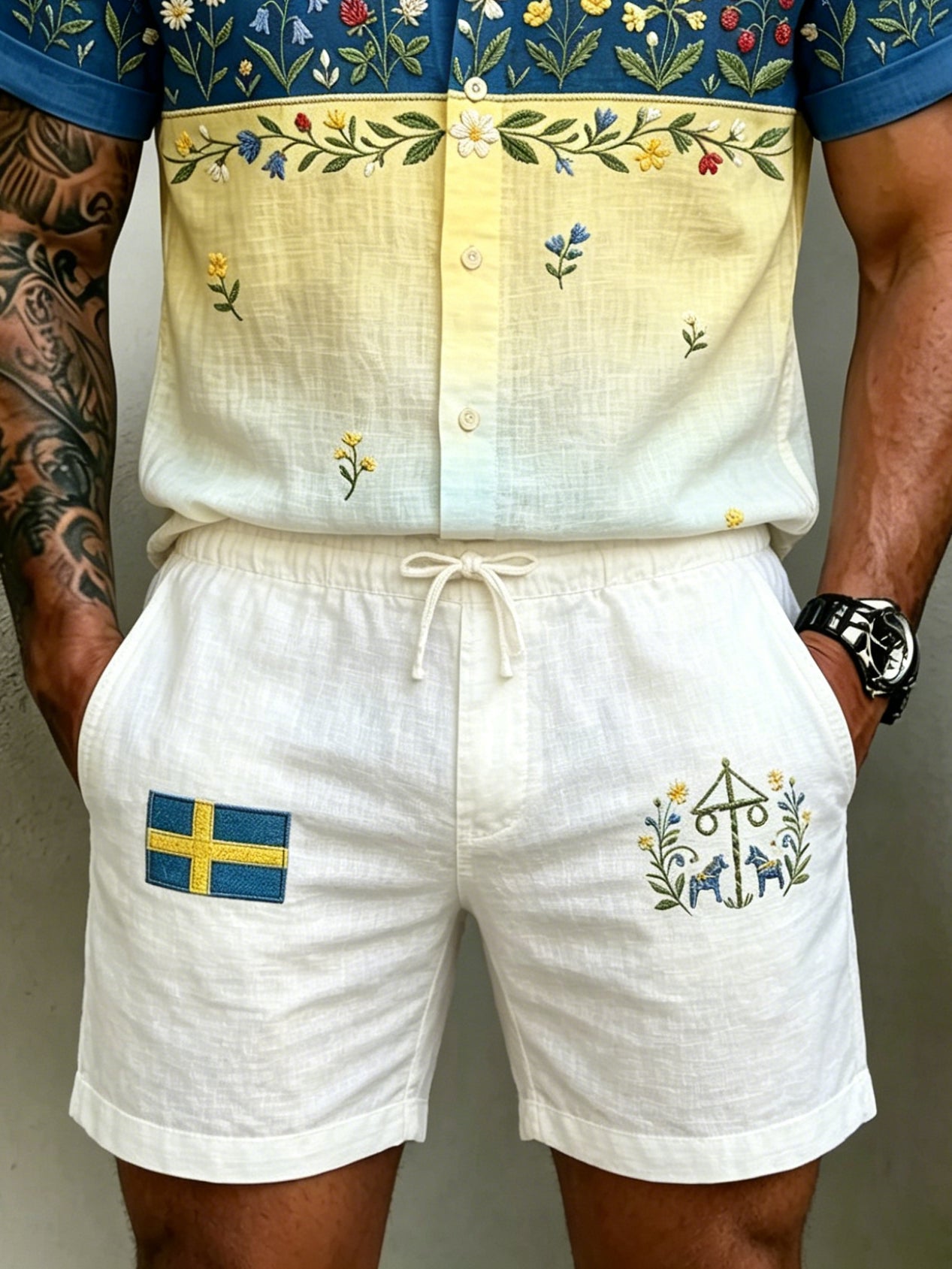 Men's Retro Swedish Midsummer Folk Floral Cotton-Linen Short Pants