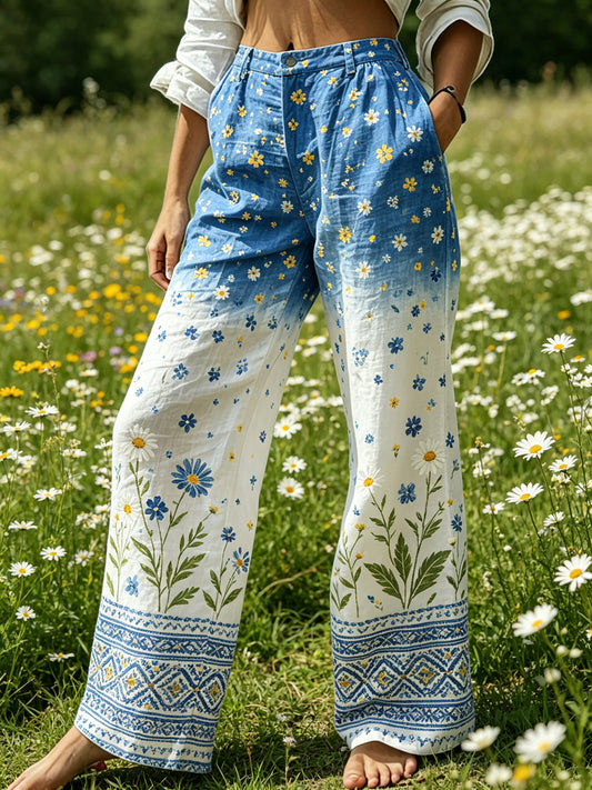 Women's Midsummer Festival Floral Gradient Color Cotton Linen Casual Trousers