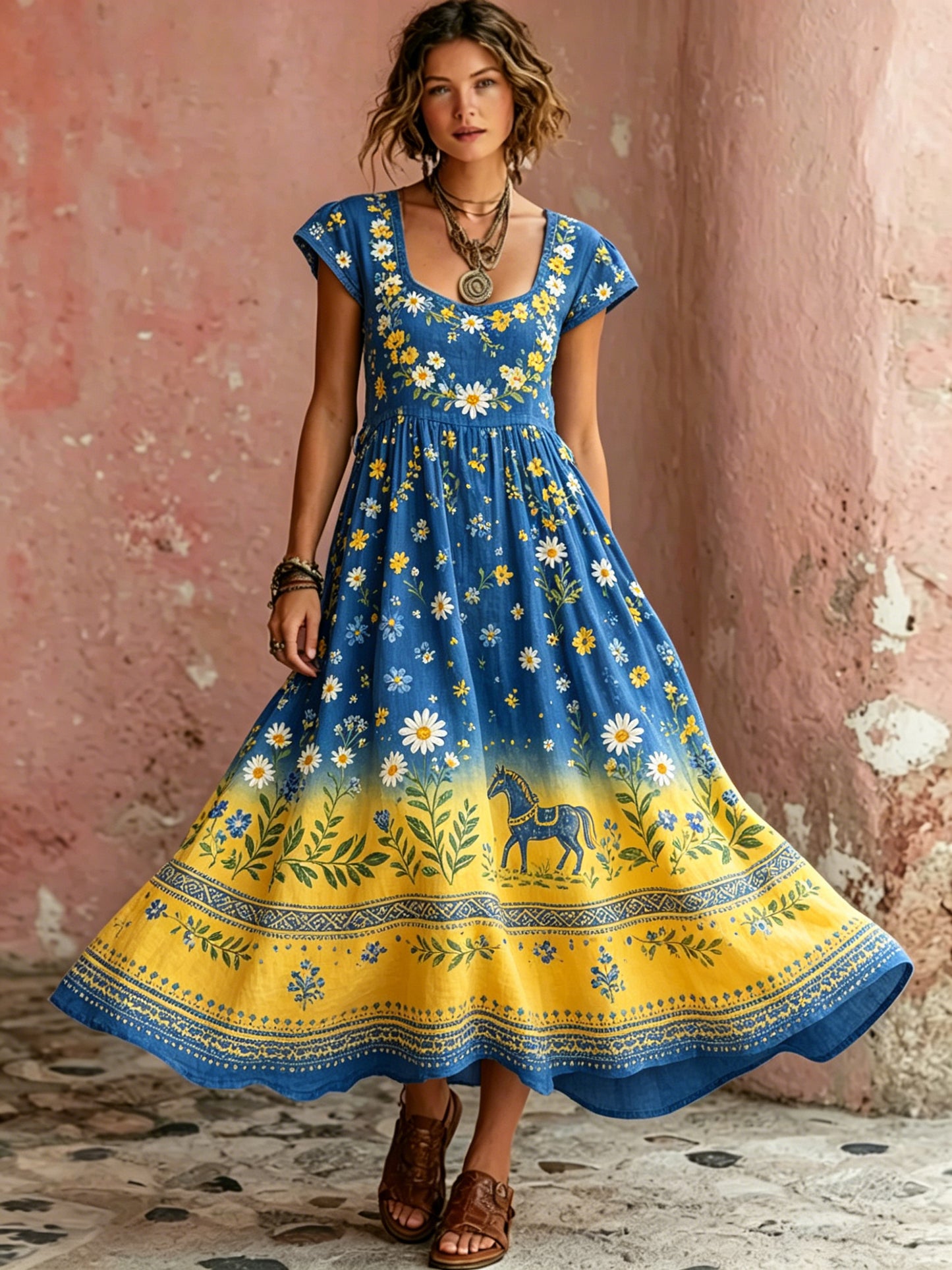 Women's Midsummer Festival Floral Gradient Color Cotton Linen Casual Dress