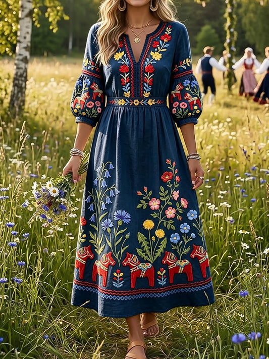 Women's Vintage Swedish Rocking Horse Cornflower Floral V-Neck Dress