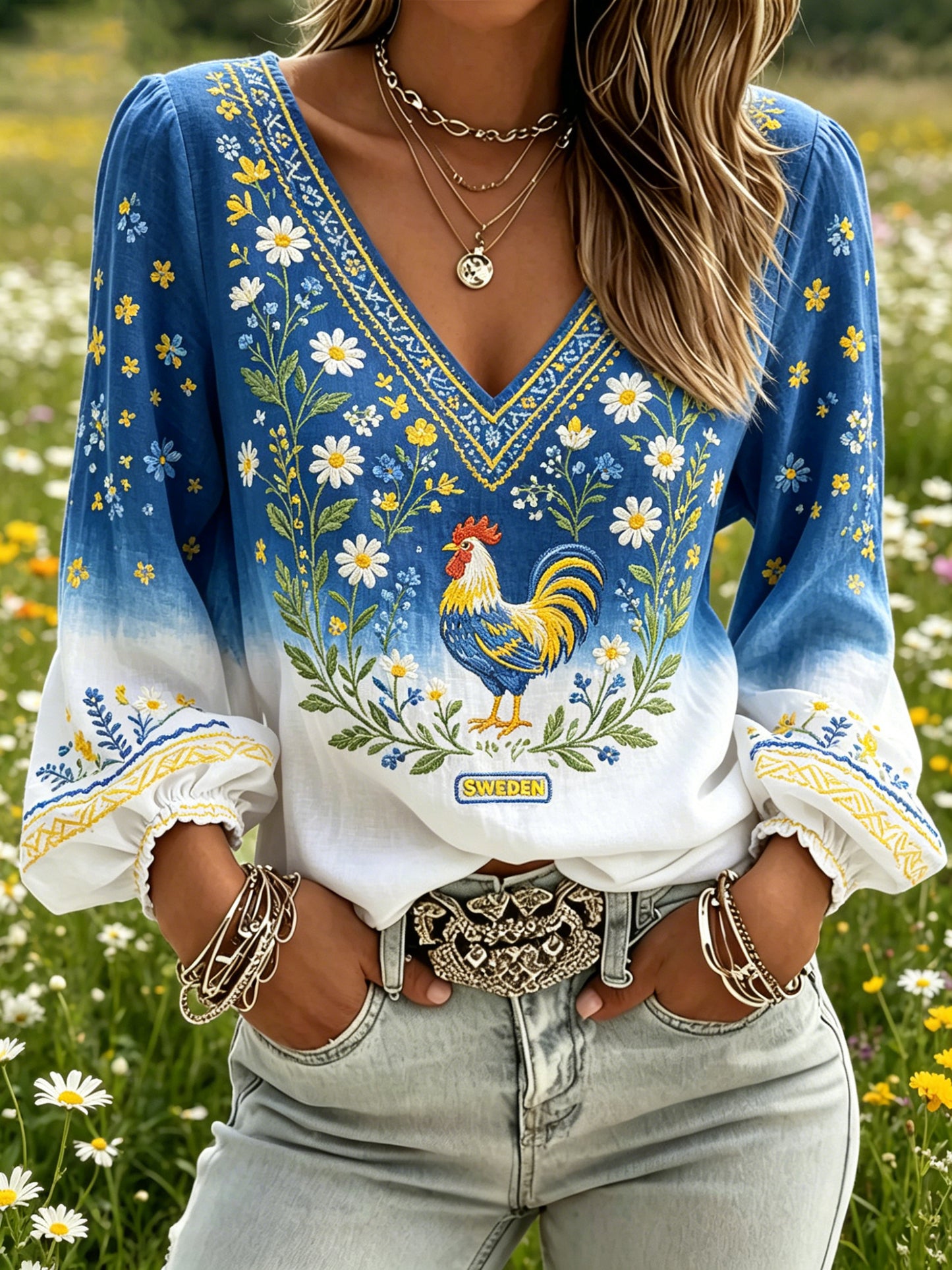 Women's Midsummer Festival Floral Gradient Color Cotton Linen Casual Top