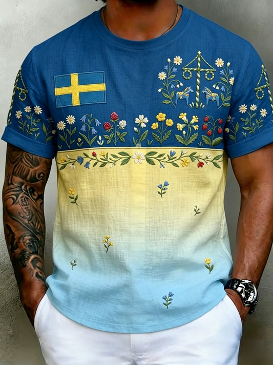 Men's Retro Swedish Midsummer Folk Floral Cotton-Linen Short-Sleeve T-Shirt