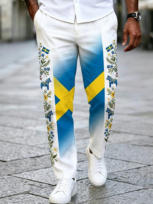 Men's Retro Swedish Midsummer Patchwork Cotton-Linen Casual Pants