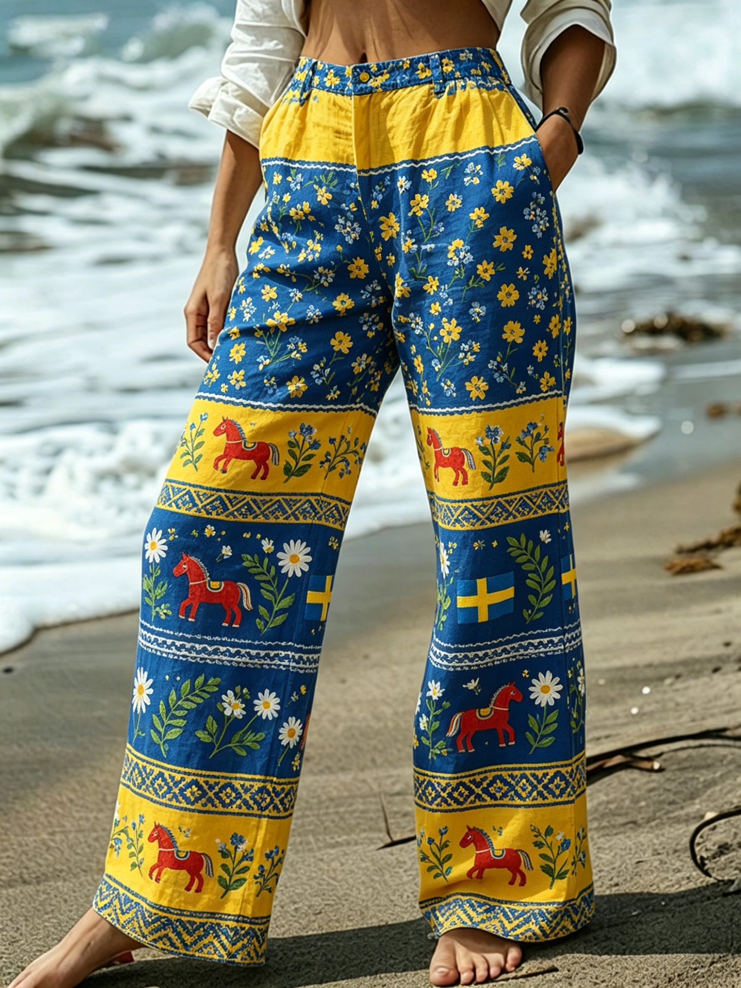 Women's Midsummer Festival Floral Gradient Color Cotton Linen Casual Trousers