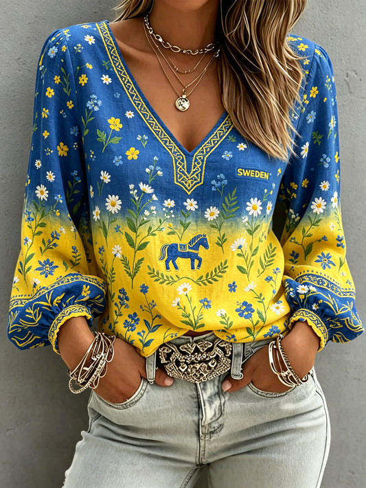 Women's Midsummer Festival Floral Gradient Color Cotton Linen Casual Top