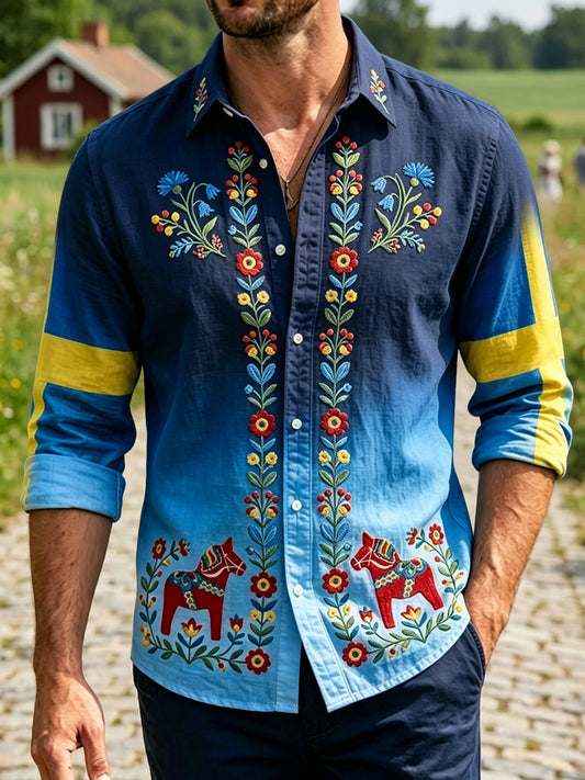 Men's Retro Swedish Midsummer Floral Carousel Casual Shirt