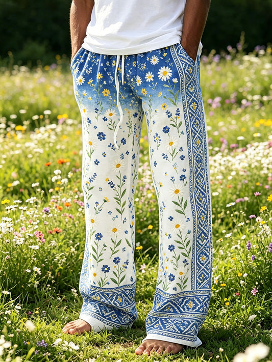 Men's Midsummer Festival Floral Gradient Color Cotton Linen Casual Trousers