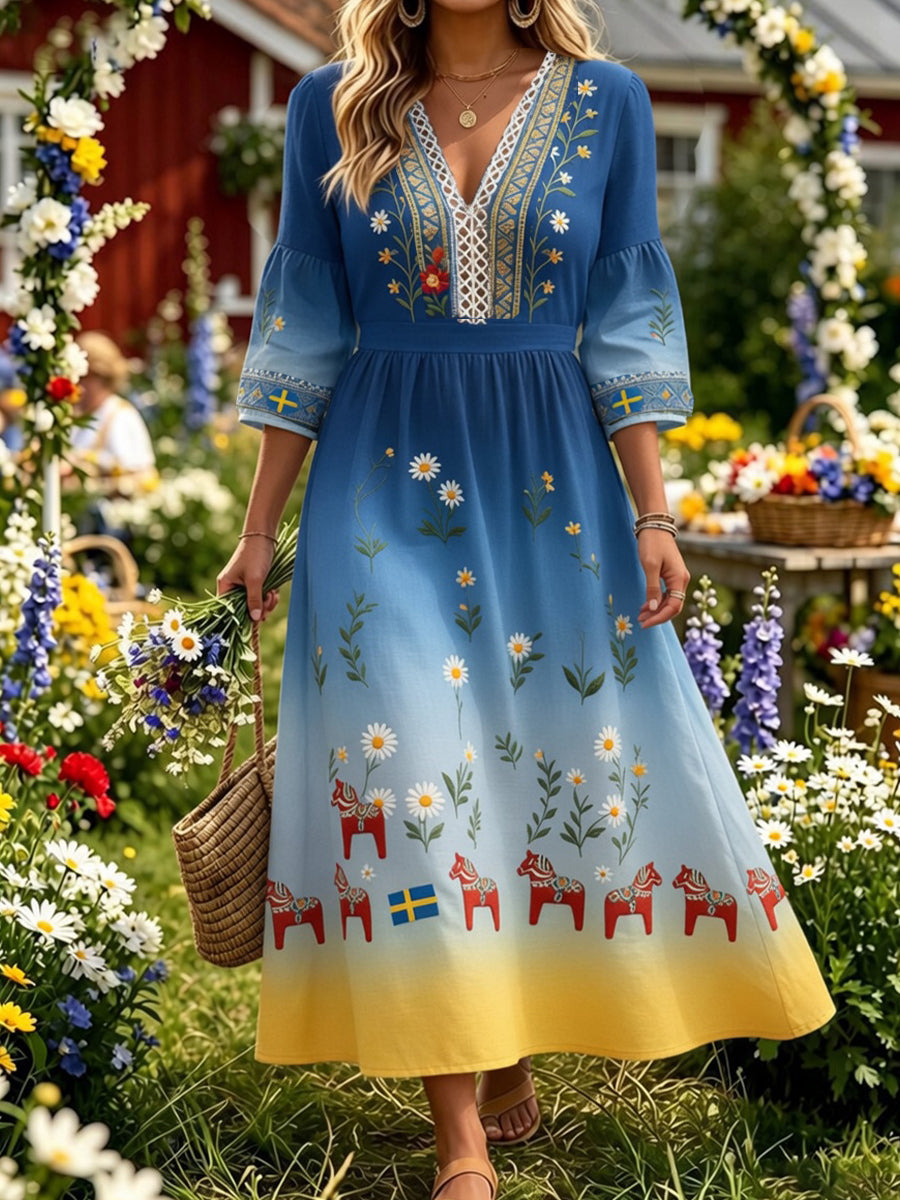 Retro Midsummer Festival Art Print Casual Dress