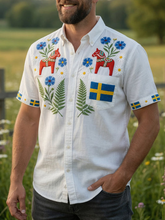 Retro Midsummer Festival Art Print Casual Shirt