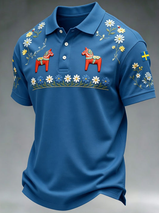 Retro Midsummer Festival Art Print Polo Shirt — Casual & Comfortable