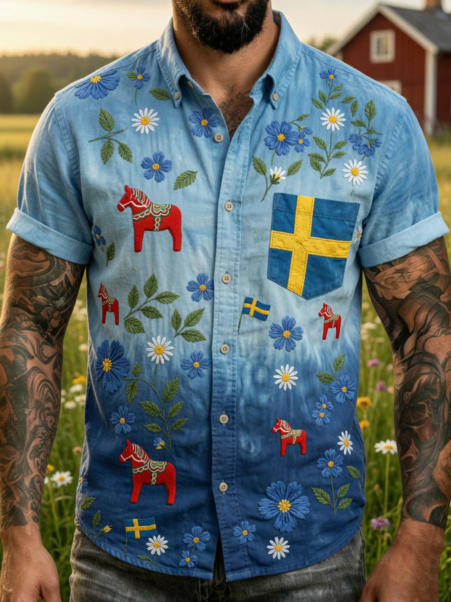 Retro Midsummer Festival Art Print Casual Shirt