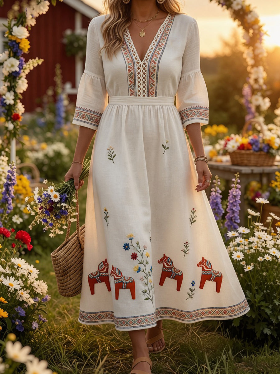 Retro Midsummer Festival Art Print Casual Dress