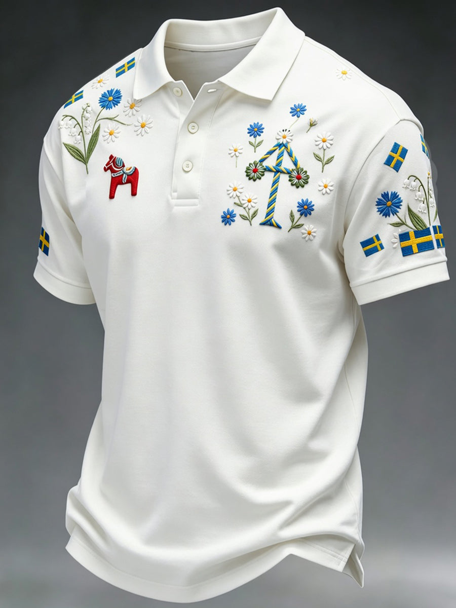 Retro Midsummer Festival Art Print Polo Shirt — Casual & Comfortable