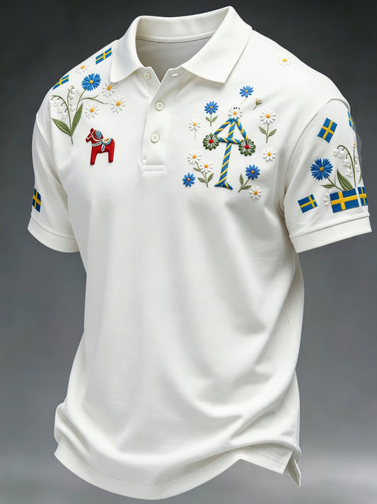 Retro Midsummer Festival Art Print Polo Shirt — Casual & Comfortable