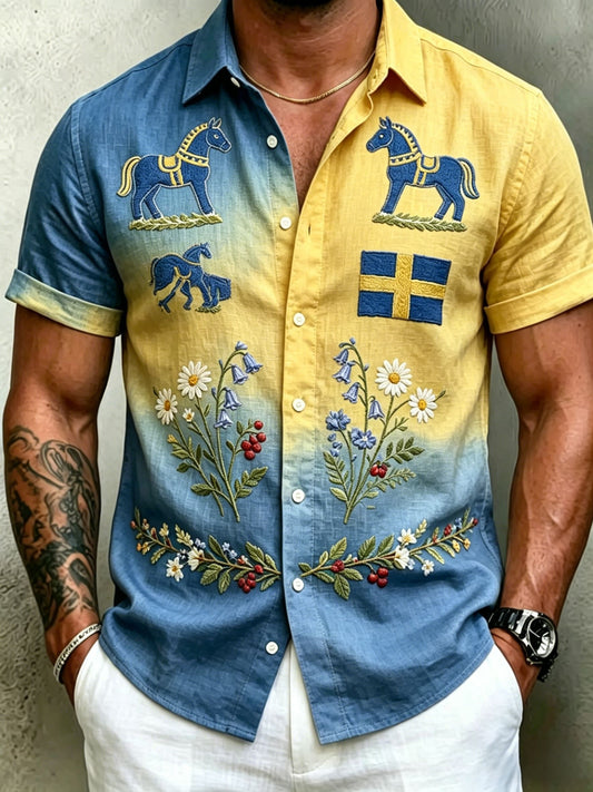 Men's Retro Swedish Midsummer Folk Floral Cotton-Linen Short-Sleeve Shirts