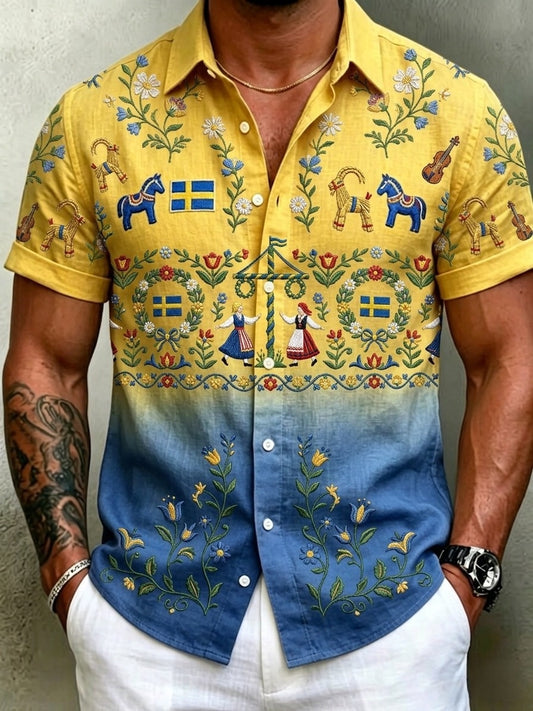 Men's Retro Swedish Midsummer Folk Floral Cotton-Linen Short-Sleeve Shirts