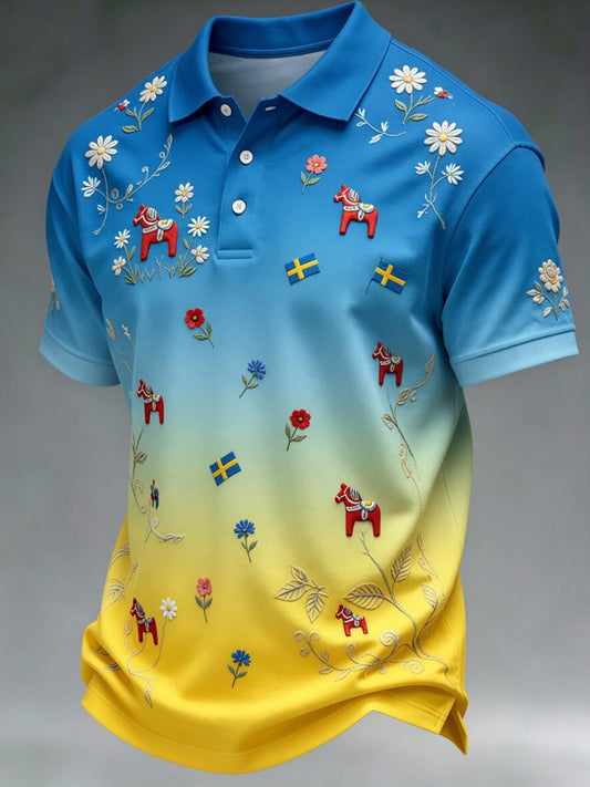 Retro Midsummer Festival Art Print Polo Shirt — Casual & Comfortable