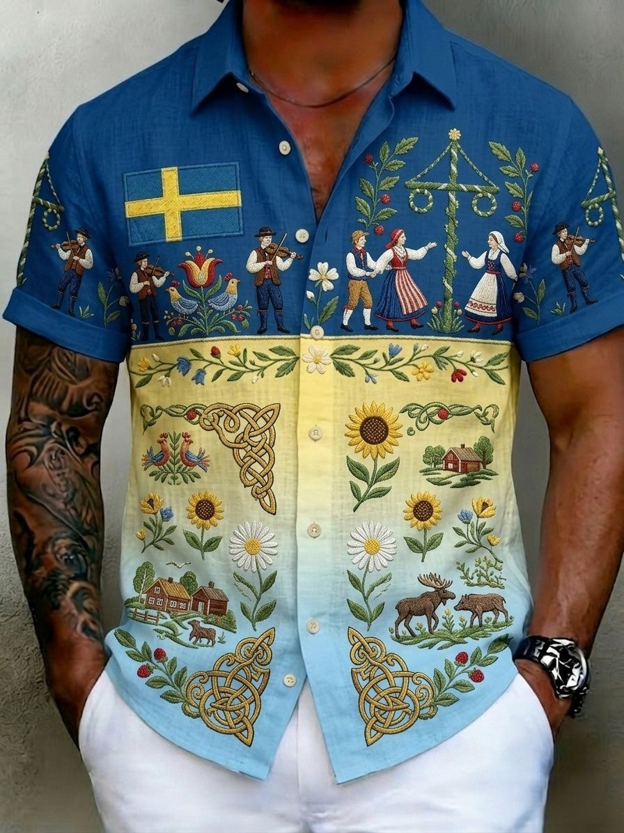 Men's Retro Swedish Midsummer Folk Floral Cotton-Linen Short-Sleeve Shirts