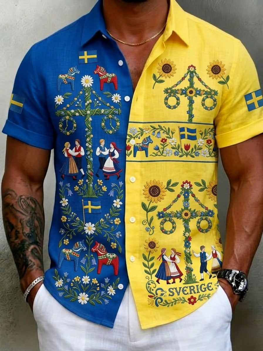 Men's Retro Swedish Midsummer Folk Floral Cotton-Linen Short-Sleeve Shirts