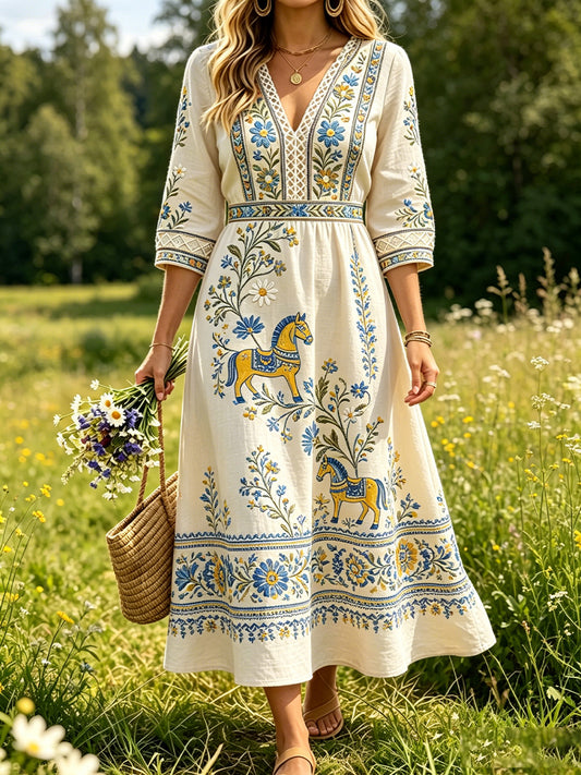 Retro Midsummer Festival Art Print Casual Dress