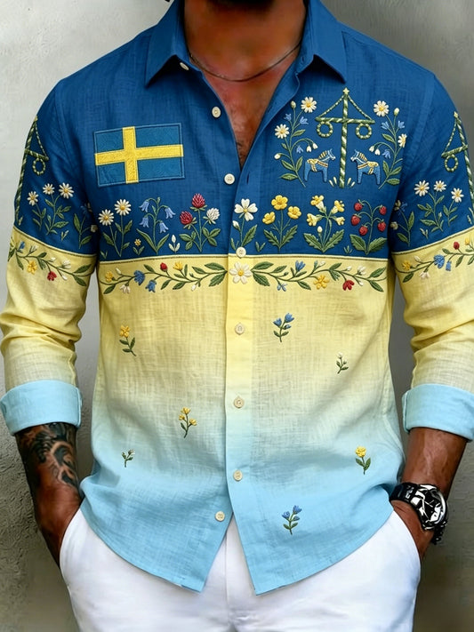 Men's Retro Swedish Midsummer Folk Floral Cotton-Linen Long-Sleeve Shirt