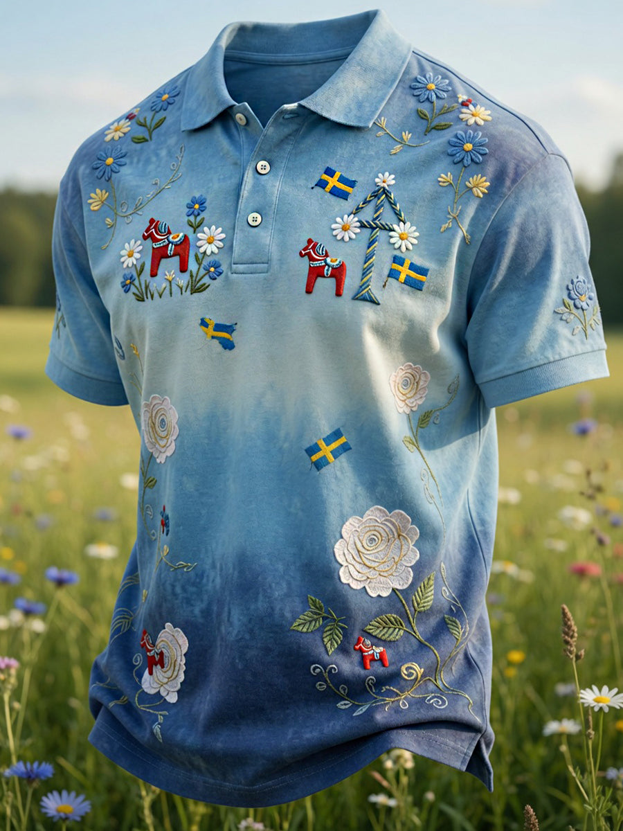Retro Midsummer Festival Art Print Polo Shirt — Casual & Comfortable